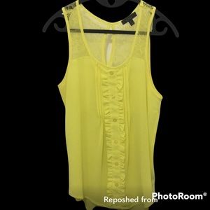 Yellow tank blouse with ruffle front sheer with lace back size medium tuxedo